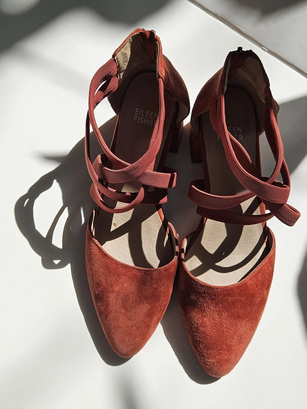 Eileen Fisher Juku Rust Suede Strappy Pointed Toe Block Heel Shoes Size 8 NWOT